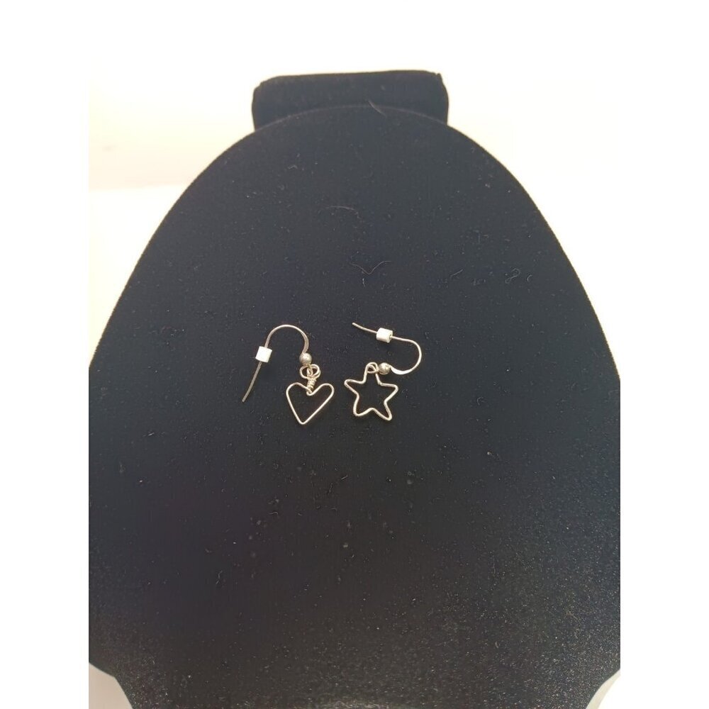 Vintage Dainty Sterling Silver 925 Dangle Drop Star Heart Earrings